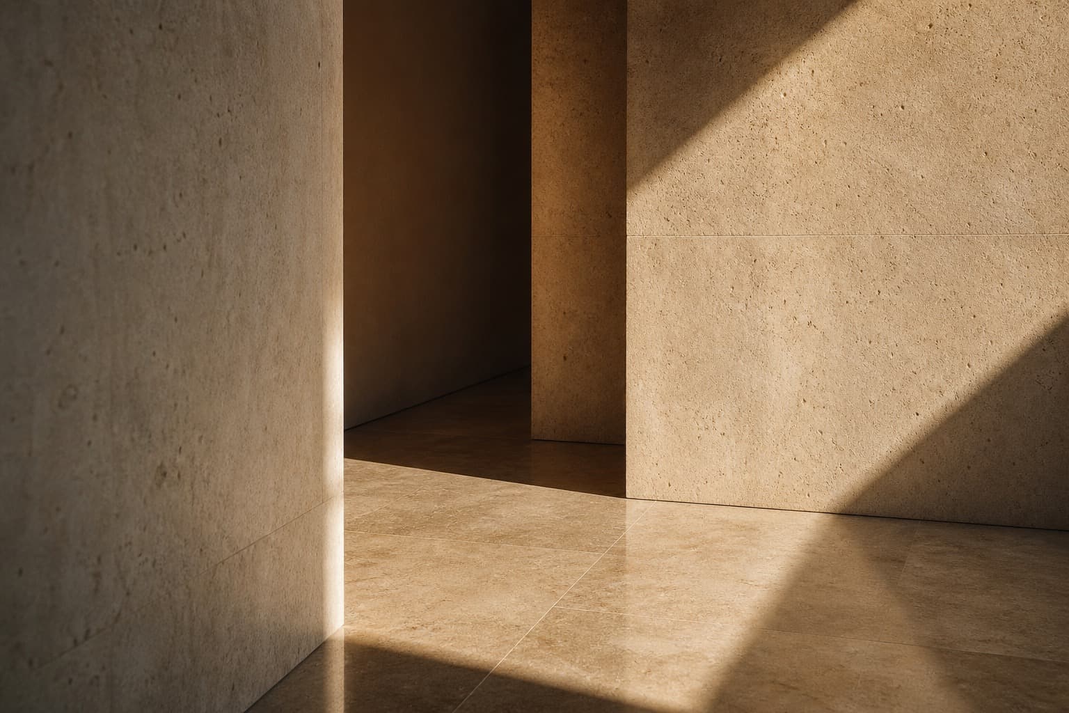 Minimalist stone architectural interior with warm light and sharp geometric shadows