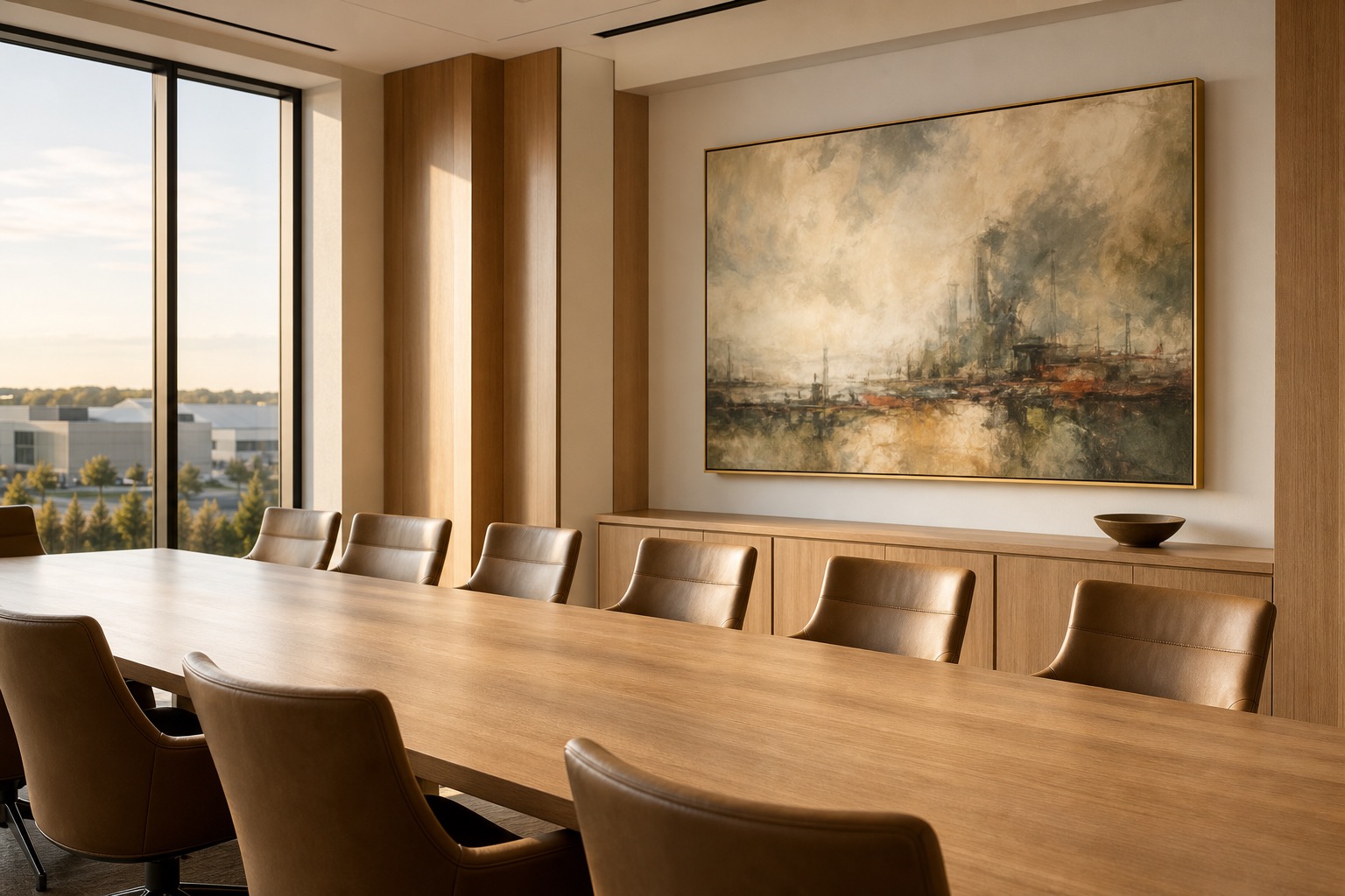 Warm operations boardroom overlooking an industrial business park