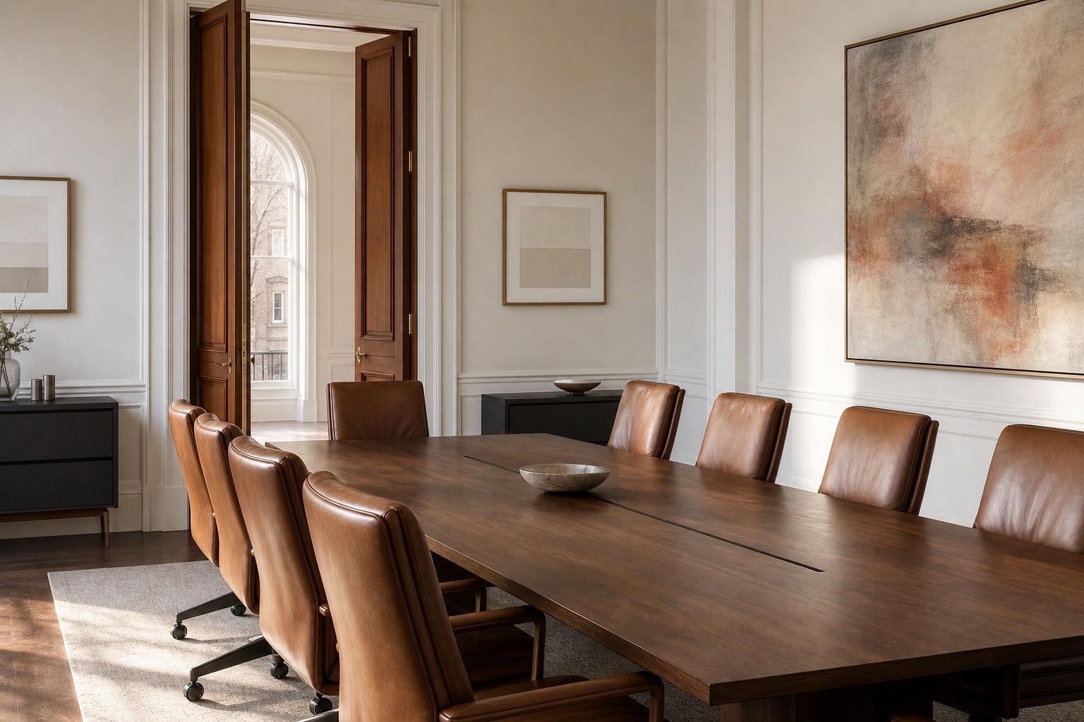 Warm commercial boardroom with a walnut table and leather chairs