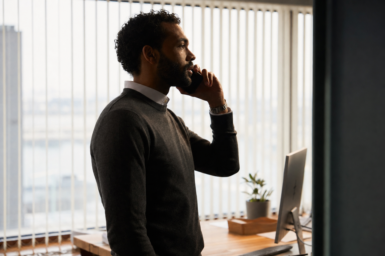 Purchasing professional coordinating with a supplier from a bright office